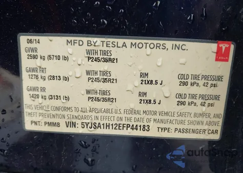 2014 Tesla Model S P85 from USA, damaged, VIN 5YJSA1H12EFP44183